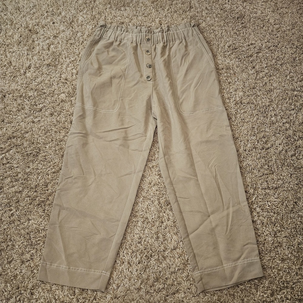 Zara Pull On Pants Womens Size XL Khaki Elastic Wideband High-rise Button Detail